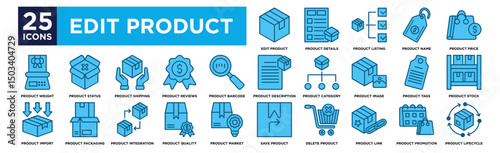 Edit product icon collection set. Containing design Edit Product, Product Details, Product Listing, Product Name, Product Price,