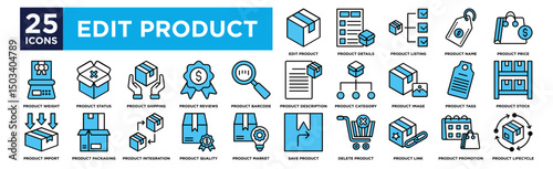 Edit product icon collection set. Containing design Edit Product, Product Details, Product Listing, Product Name, Product Price,