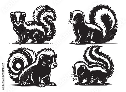 Silhouette Skunk Black Vector white background illustration Style 