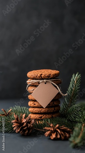 Stack of Brown Christmas Cookies with Pine Cones and Fir Branches