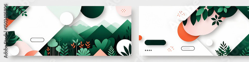 Modern Abstract Background Set with Greenery and Geometric Shapes - Nature Inspired Design for Web - Minimalist Vector Illustration for Creative Projects
