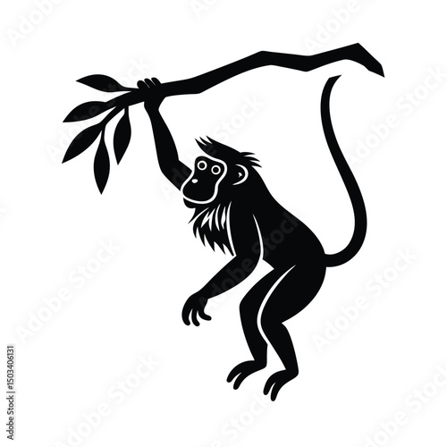 Baboon hanging from a tree branch vector silhouette