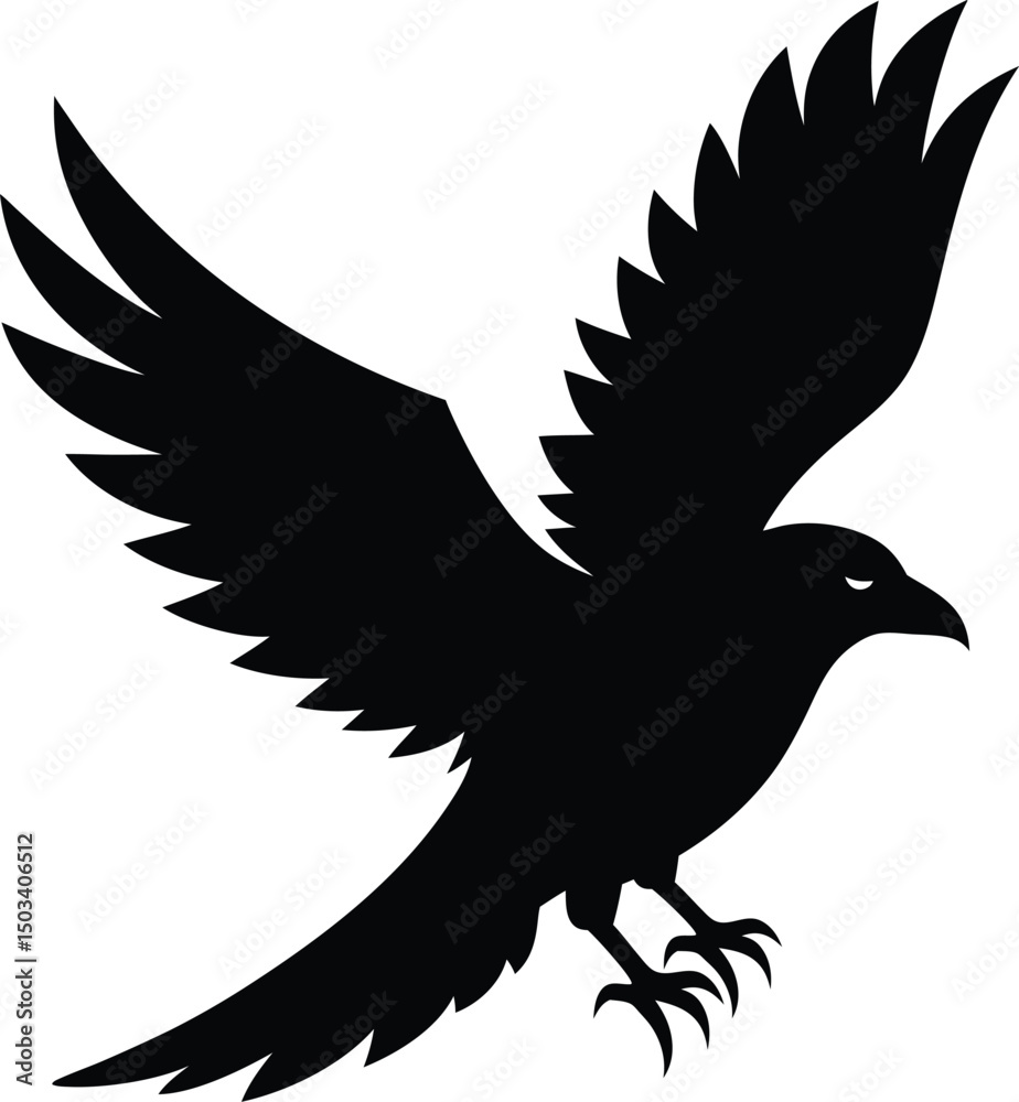 Fototapeta premium Flying Raven with Spread Wings Isolated Silhouette