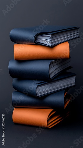 Stack of Orange and Blue Flyers Fanned Out on Dark Background