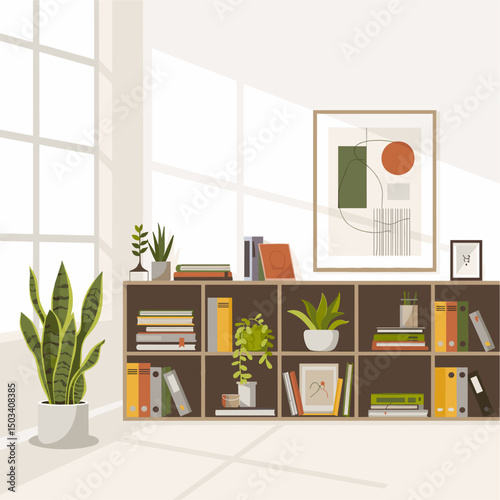 A room with a bookshelf full of books and a potted plant. The room is bright and airy, with a large window letting in plenty of natural light. The bookshelf is filled with books of various sizes