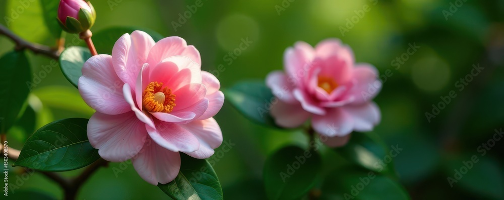 Obraz premium Delicate pink camellia, vibrant green foliage , plants, pink