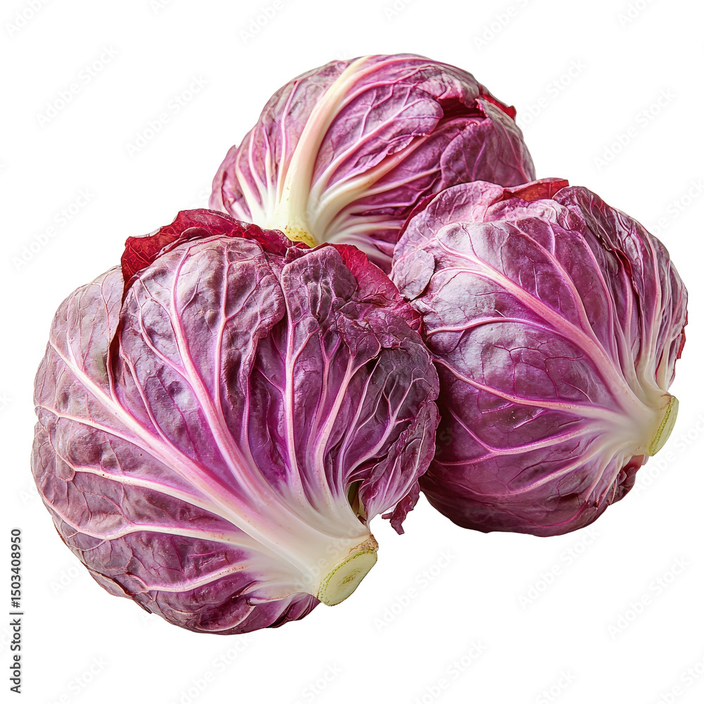 Obraz premium Trio of radicchio heads exhibiting vibrant purple and white veined foliage