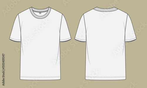  Boy's Rib collar crew neck T-shirt flat sketch outline vector fashion illustration template. Front and Back View