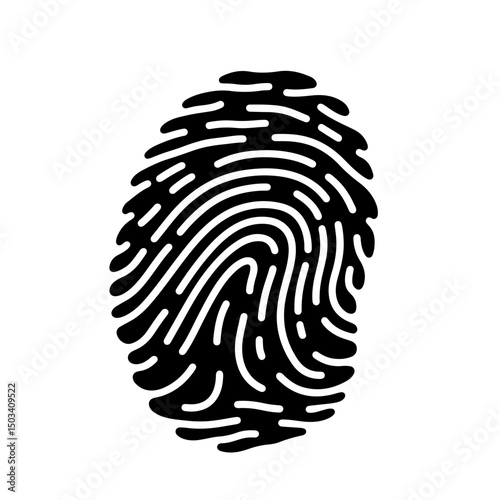 A black and white illustration of a fingerprint, detailed and abstract.