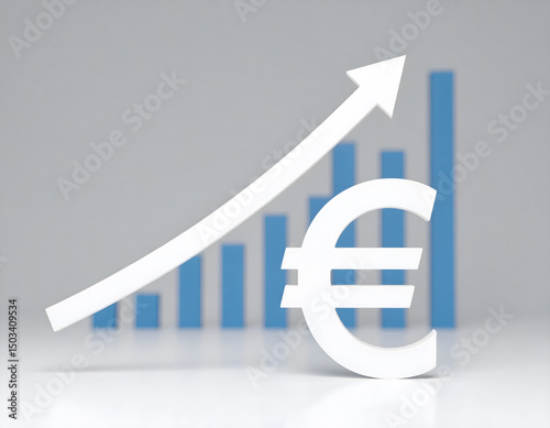 Minimalistic representation of positive economic development of the overall economy, a company, or an investment in the form of an upward-pointing bar chart (blue) and an upward-pointing arrow. Vers-4