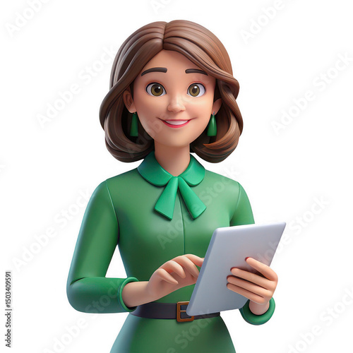 3d smiling cartoon businesswoman using tablet isolated on transparent background
