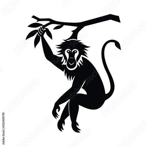 Baboon hanging from a tree branch vector silhouette