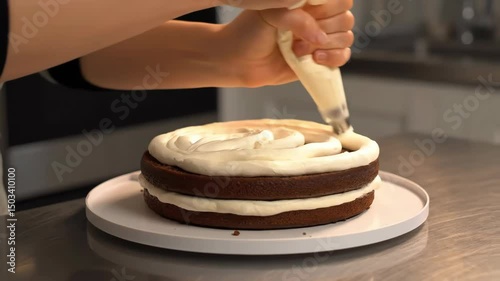 Hands putting topping on a cake