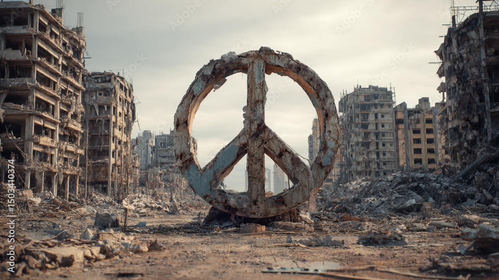 Fototapeta premium Rusty peace symbol among destroyed buildings in war-torn city showing hope and resilience after devastation