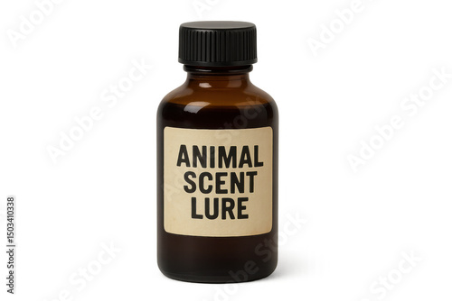 Amber glass bottle holding animal scent attractant, isolated, designed for hunting and wildlife photography purposes photo