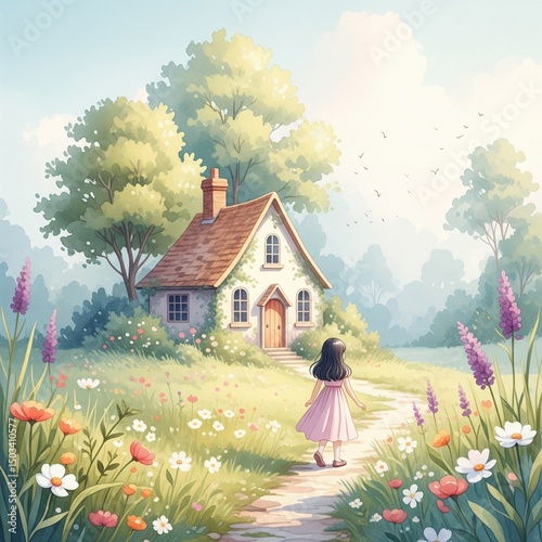 rural landscape with house and flowers. watercolor picture
