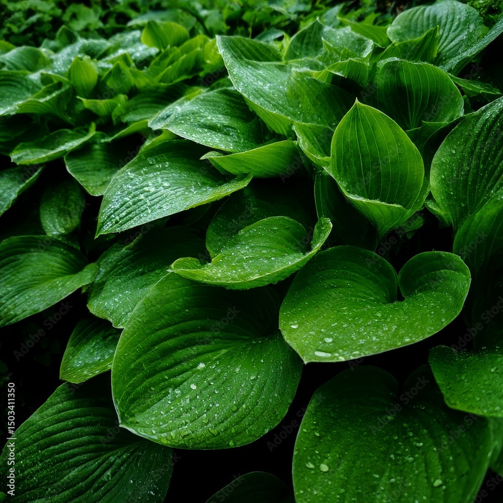 Fototapeta premium a carpet of green hosta leaves in a shaded garden each leaf glossy with morning dew
