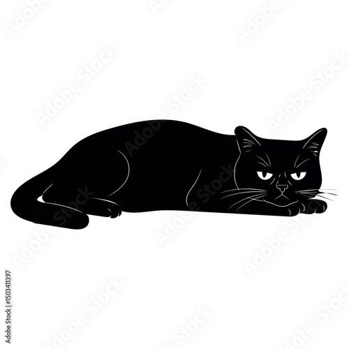 Grumpy Black Cat Lying Down Vector Graphic