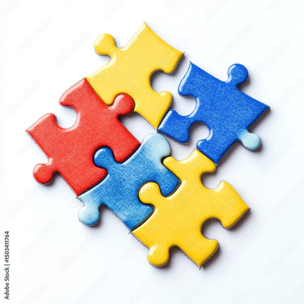Four colorful puzzle pieces fitting together on white background Four colorful puzzle pieces fitting together on white background