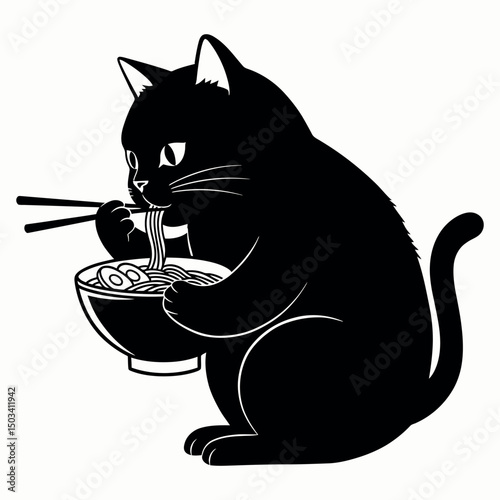 Adorable Black Cat Enjoying Ramen Illustration