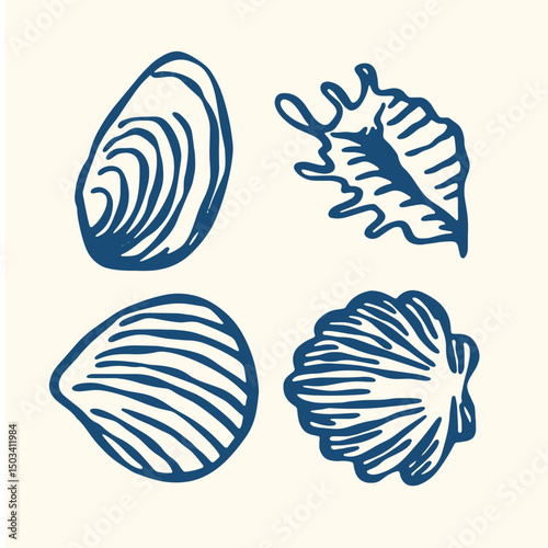  Set of hand drawn seashells drawing ink. Minimalist line art. Summer vacation design elements for trendy prints, label, menu cover. Tropical beach shells. Vector flat illustration.