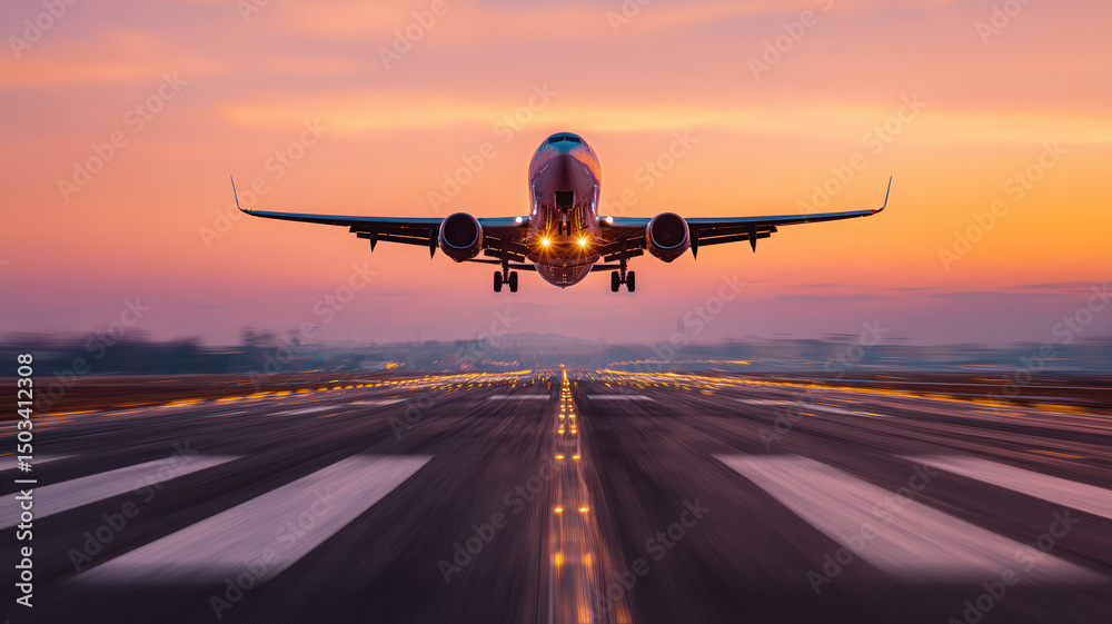 Fototapeta premium Passenger Aircraft Lifting Off at Dusk over a Lit Runway with Blazing Sunset and Cloud Streaks
