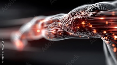 Focused image of hip flexor strain torn muscle fibers visualizing high intensity sprinting or sudden acceleration injury