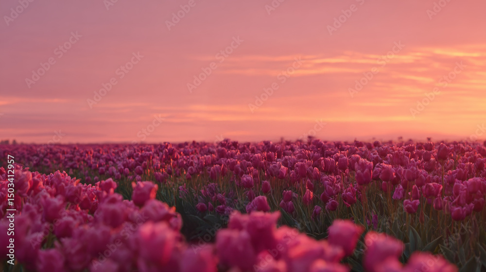 Fototapeta premium Vibrant pink tulip field blooming at sunset under colorful sky in peaceful spring countryside landscape