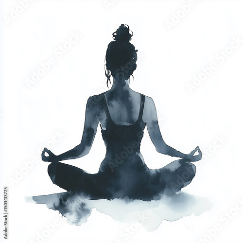 Monochrome watercolor illustration of a woman in a seated meditation pose. Serene and mindful, expressing calm, balance, and inner peace in minimalistic style.