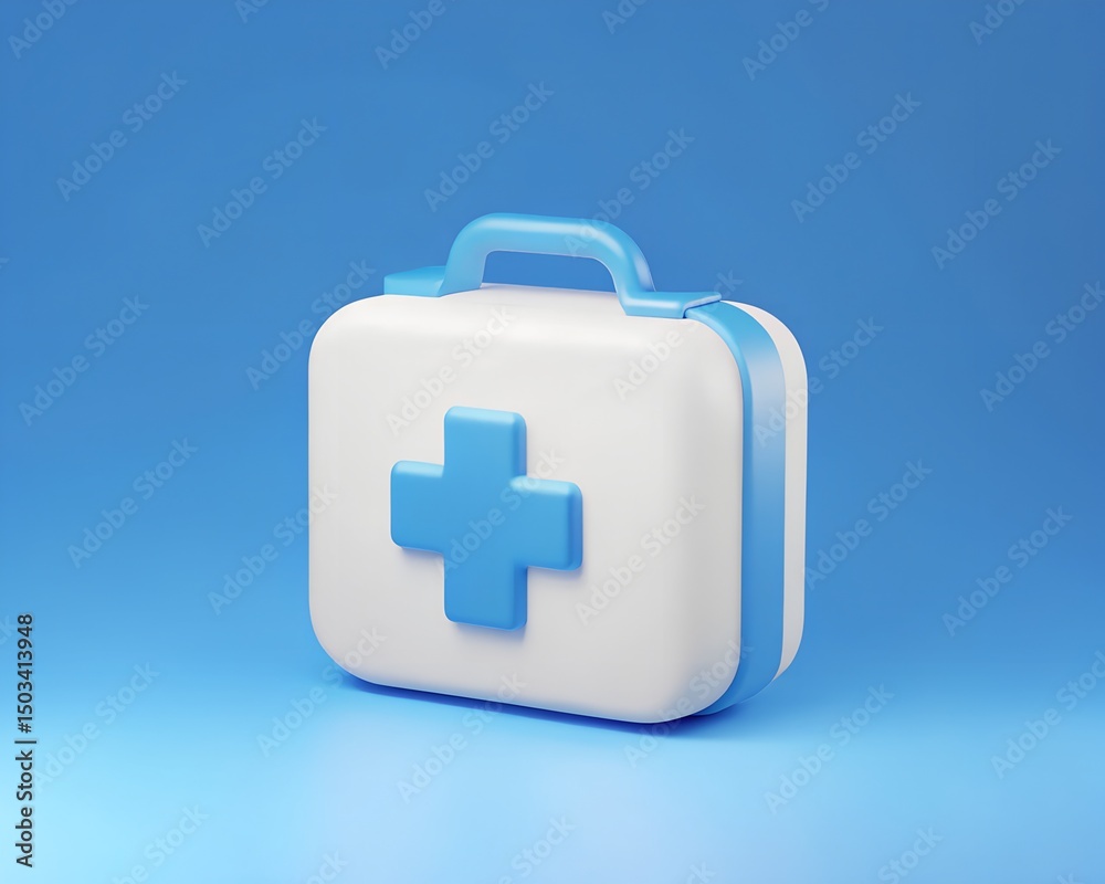 Fototapeta premium 3D Light Blue and White First Aid Kit with Blue Cross Icon for Emergency Medical Assistance Illustration