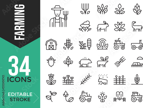 Farming and Agriculture Line Icon Set – Editable Stroke Vector Illustration

