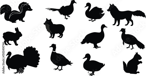 North American Woodland & Forest Animal Silhouettes: Skunk, Fox, Turkey, Duck, Rabbit, Squirrel, Swan & More. Wildlife Vector Icon Set. AI Generative
