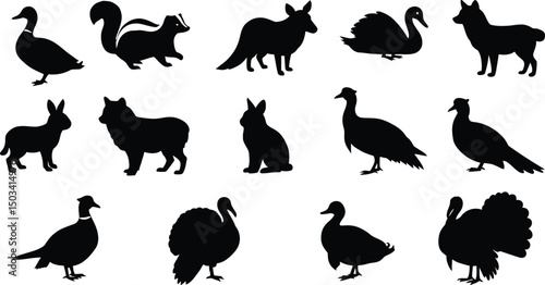 North American Woodland Animal & Game Bird Silhouettes: Skunk, Fox, Turkey, Duck, Rabbit & More. Wildlife Vector Icons. AI Generative
