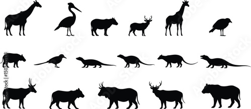 Diverse Black Animal Silhouettes: Giraffe, Hippo, Deer, Stork, Otter, Boar & More. Wild Animals Vector Icon Set. AI Generative
