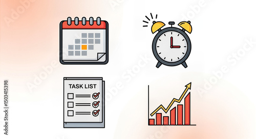 Time management icons — calendar, alarm, task list, productivity.