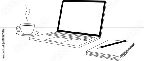Minimal Line Art Workspace with Laptop, Coffee, and Notebook