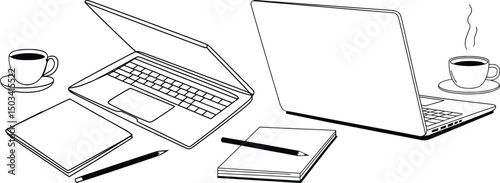 Dual Laptop Workspace Line Drawing with Coffee and Stationery.