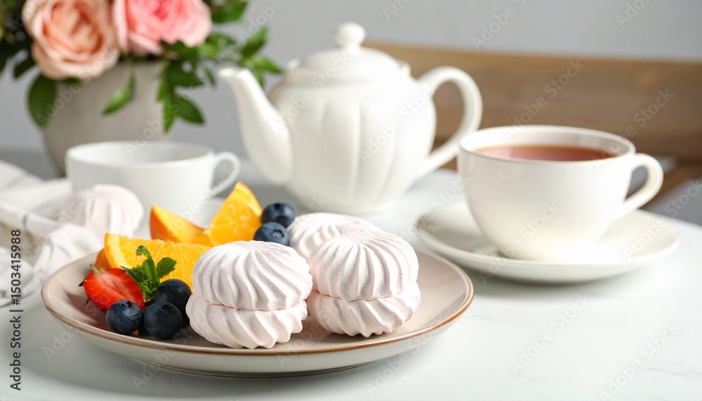 Zefir Russian Marshmallow with Fruit and Tea. Traditional Russian Food Zefir Russian Marshmallow with Fruit and Tea. Traditional Russian Food