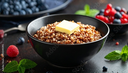 Kasha from buckwheat with Butter and Fresh Berries. Traditional Russian Food