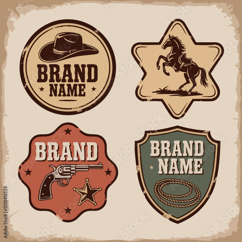 Vintage Western Cowboy Badge Logo Set – Retro Wild West Emblem Collection with Sheriff Star, Hat, Lasso and Editable Text in Vector Format