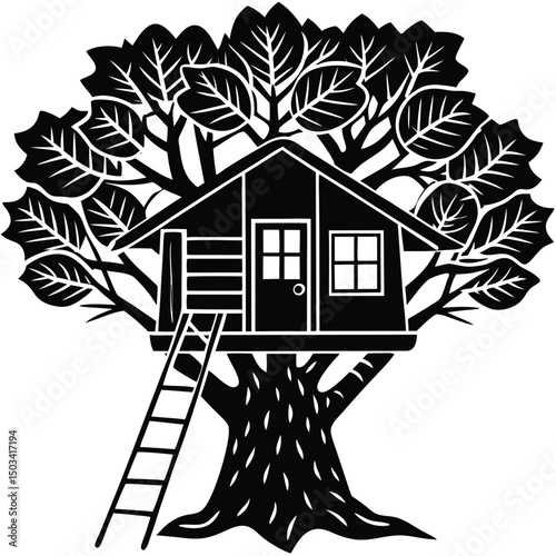 Treehouse with Ladder Outline