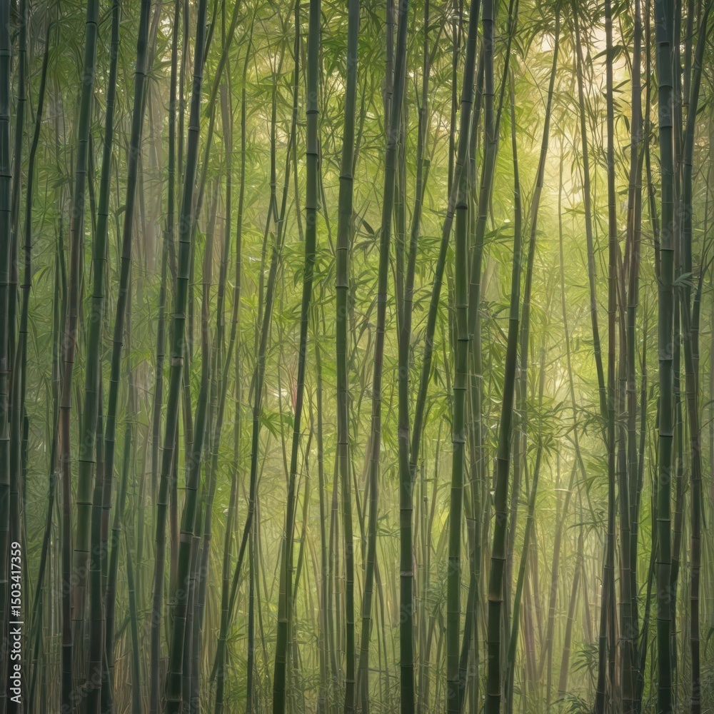 Naklejka premium Abstract bamboo forest, hazy light filtering through dense stalks, pattern, backdrop, jungle
