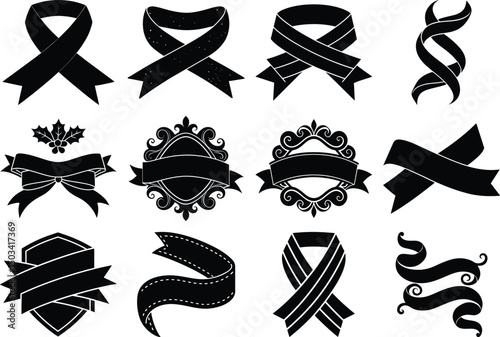 Silhouette Ribbon Vector Set Black White Minimalist Award Logo Branding Charity Support Outline Contour Shape Collection  