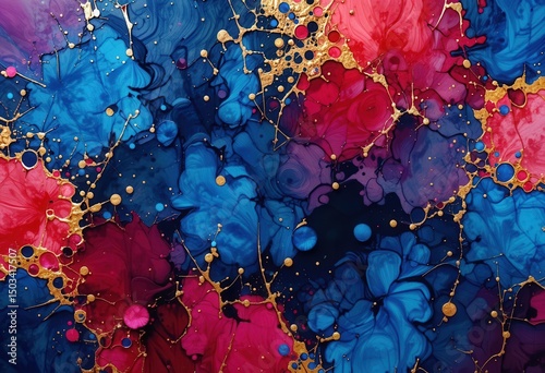 Vibrant abstract art with blue, pink, and gold elements creating a dynamic composition photo