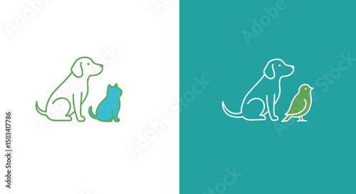 Pet Friends Line Art Icon Set: Dog & Cat (Green/Blue on White) & Dog with Bird (White/Green on Teal). Vet/Pet Care Logos. AI Generative
