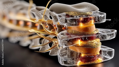 High definition cross section of intervertebral disc herniation visible nerve impingement depicting lumbar radiculopathy in athletes under axial load stress