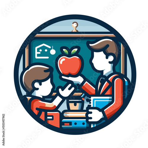 Teacher giving apple to student in classroom with blackboard background  