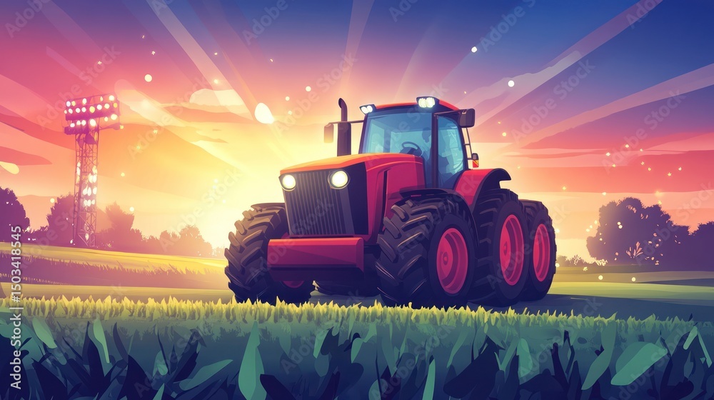 Fototapeta premium Red tractor in grassy field at sunset