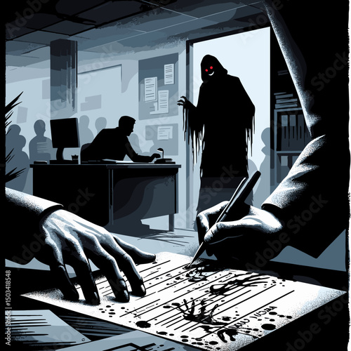 Person drawing a mandala with eerie figure in office background  