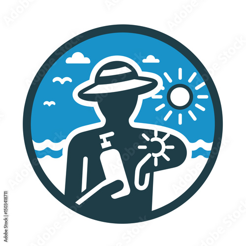 Person applying sunscreen in sunny beach setting with ocean backdrop  
